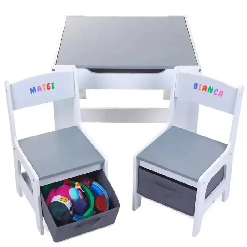 Set Masuta cu scaun pentru copii din Lemn Mdf 3 in 1, Tabla De Scris, Desenat, Colorat, Depozitare, Varsta 3-6 Ani, Alb cu Gri