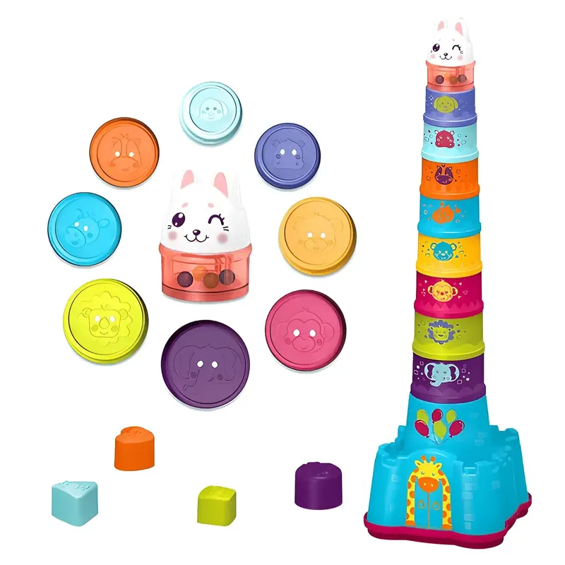 Set Educativ de Stivuit si Construit, Sortare Forme, Varf Pisicuta Zornaitoare, Multicolor, 15 Piese, 17x17x58 Cm, + 9 Luni