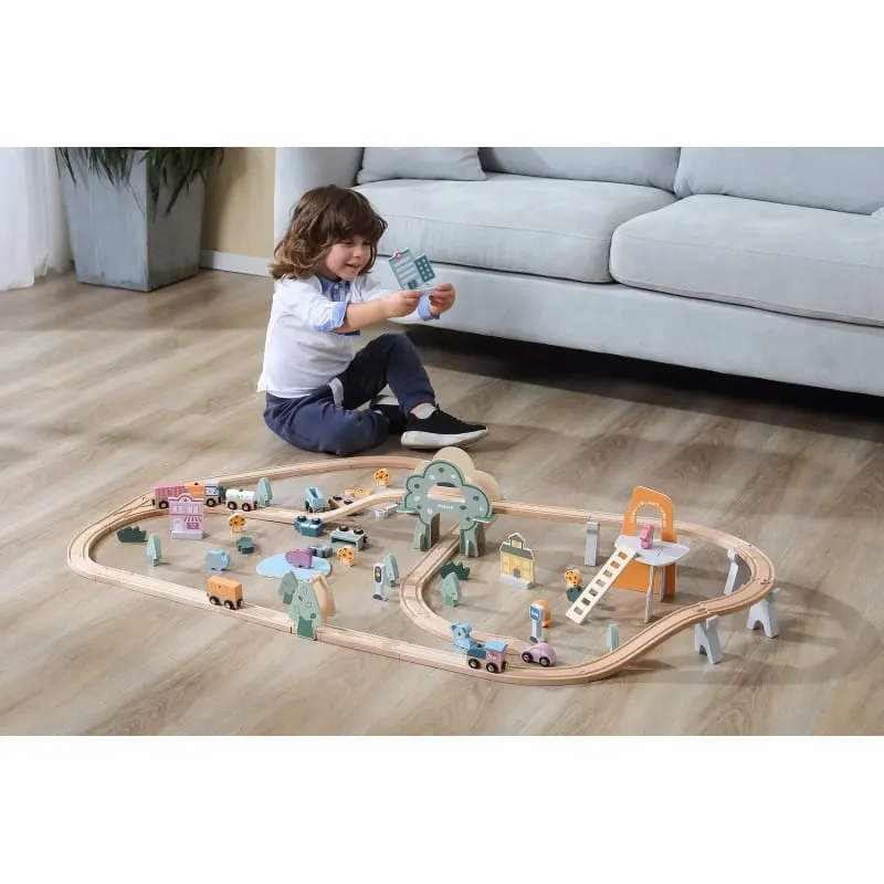 Trenulet set Viga PolarB, din lemn cu 90 piese, multicolor KID440670 — imaginea 5