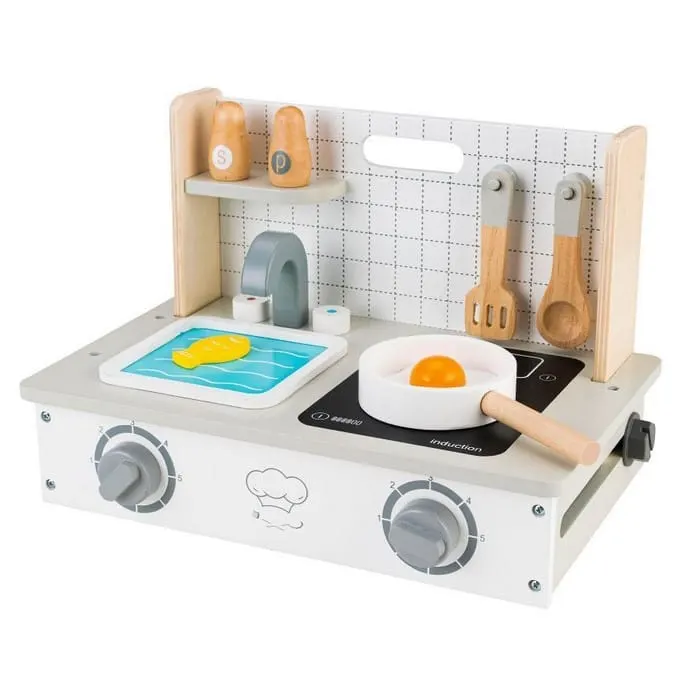 Mini aragaz Ecotoys, lemn, set accesorii, multicolor KID970421