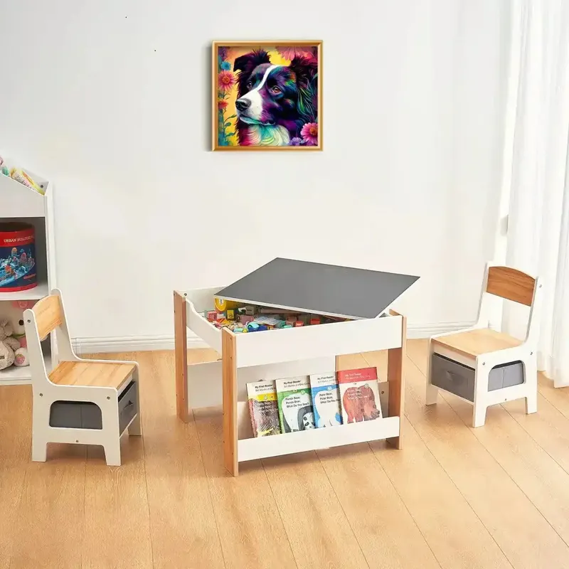 Set Masuta cu 2 Scaune pentru copii, cu Rafturi pentru Carti, Suporto, din MDF, Sertare Depozitare, Organizator Jucarii, Tabla de Scris, Desenat, Studiat. Alb cu Maro, 3-6 ani
