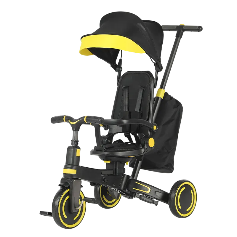 Tricicleta multifunctionala Baby 4-in-1, pentru copii de la 1 la 3 ani, pliabila si reglabila, roti moi, centura de siguranta, maner detasabil, galben