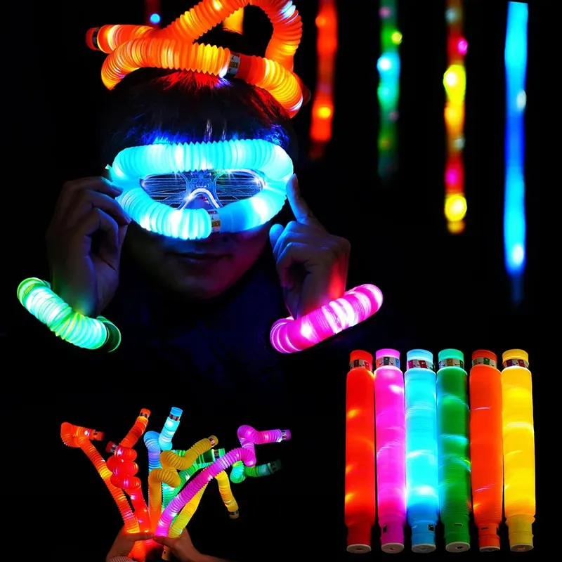 Set 6 Tuburi Antistres, cu Lumina LED, Fidget Pop Tube, 20x2 cm