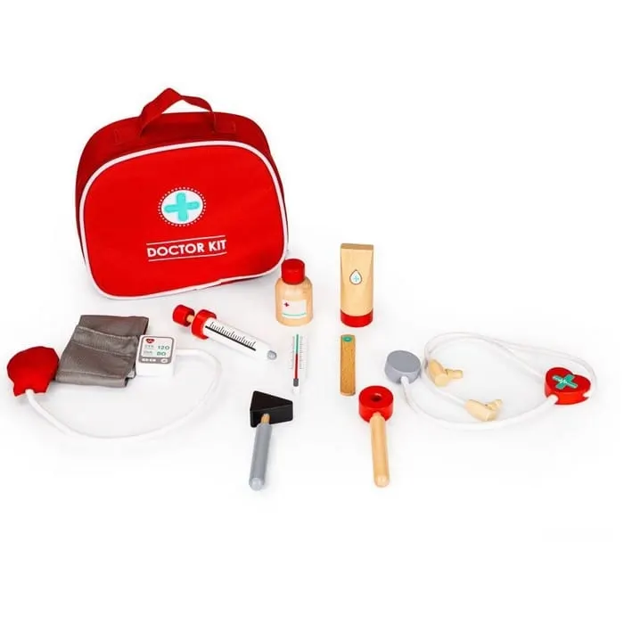 Trusa medicala Ecotoys, lemn, 9 piese, rosu KID068815