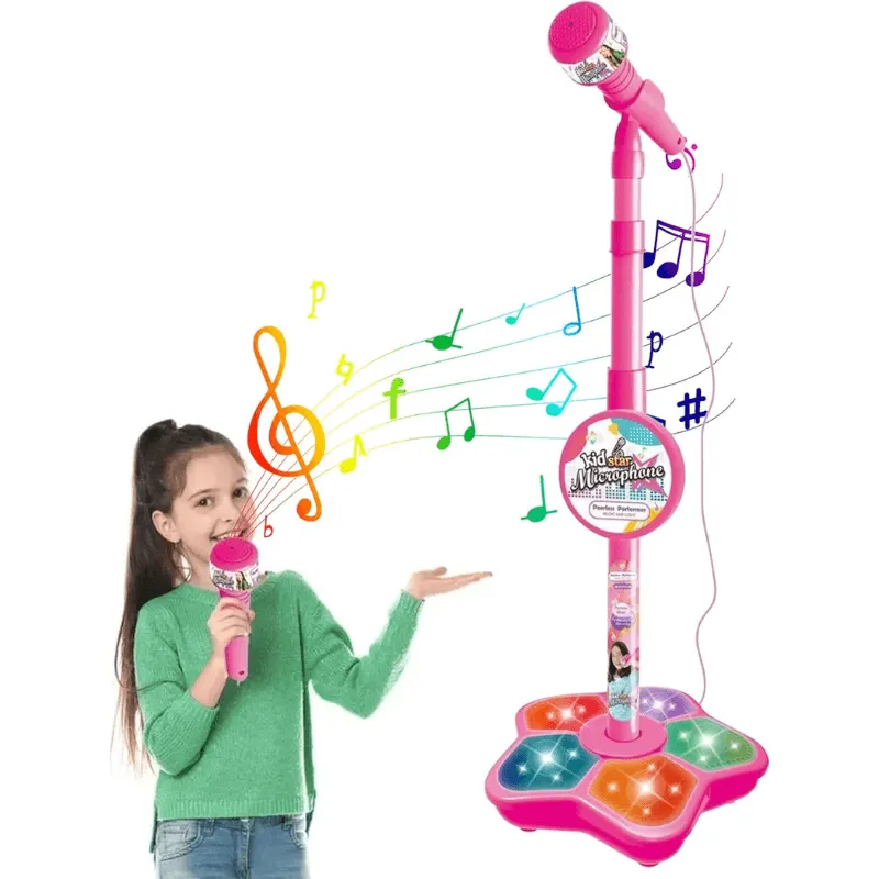 Microfon Karaoke pentru Copii cu Stativ Reglabil, Sunete, Lumini si Functie MP3, Roz