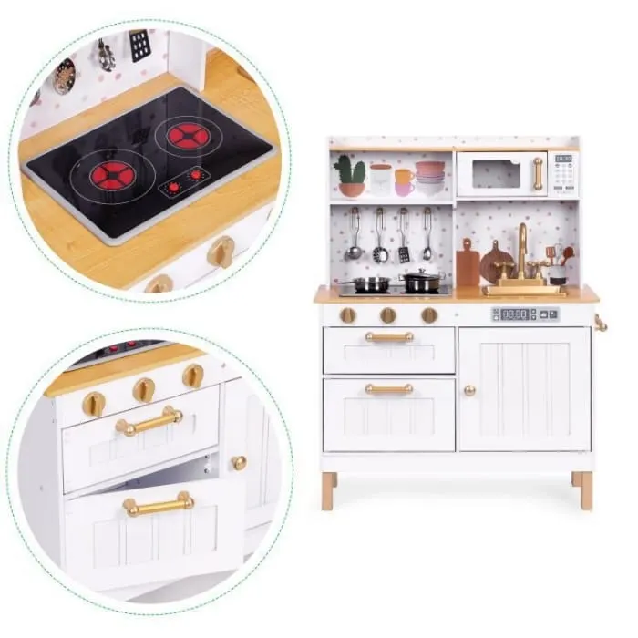 Bucatarie copii Ecotoys, lemn, lumini LED, sunete, 7 accesorii, alb KID003396 — imaginea 5