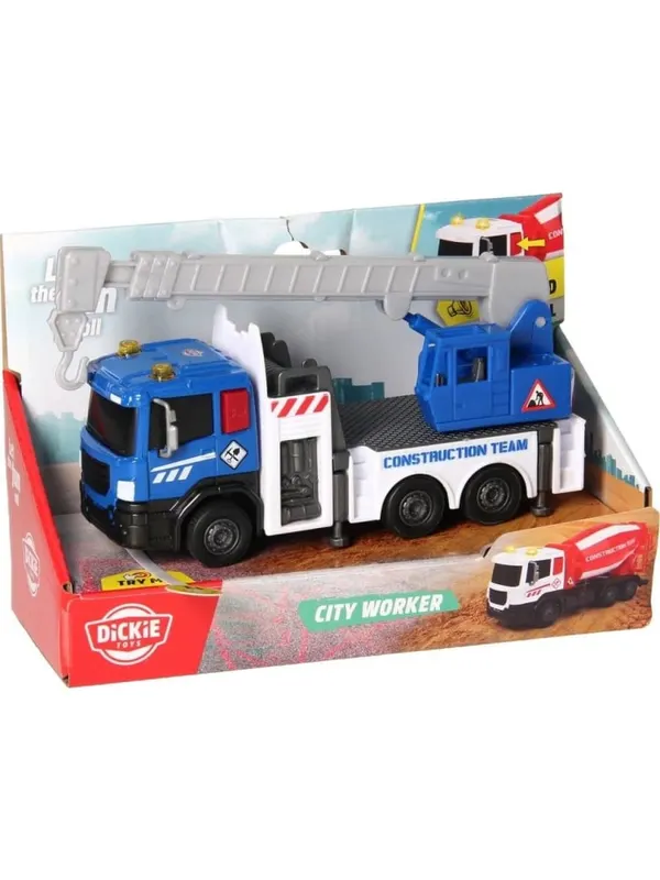 DICKIE TOYS CITY WORKER VEHICUL DE CONSTRUCTII CU LUMINI SI SUNETE MACARA ALBASTRA 17CM