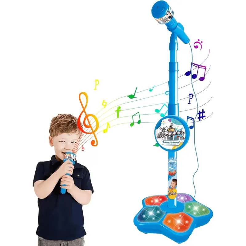 Microfon Karaoke pentru Copii cu Stativ Reglabil, Sunete, Lumini si Functie MP3, Albastru