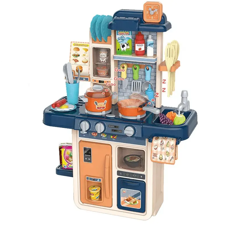 Bucatarie Multifunctionala pentru Copii, 42 Piese, Lumini si Sunete Realiste, Aragaz, Cuptor, Chiuveta Functionala cu Apa, Bej Albastru, 63x47x23 Cm
