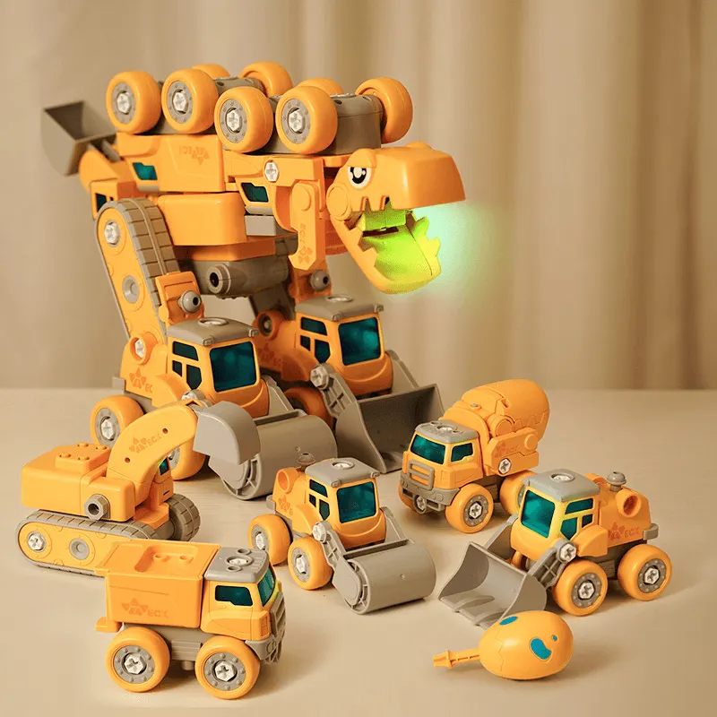 Dinozaur Transformabil 5 in 1 cu Vehicule de Constructii STEM, Sunete si Lumini