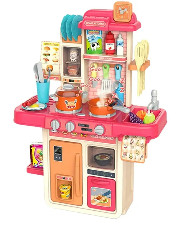 Bucatarie Multifunctionala pentru Copii, 42 Piese, Lumini si Sunete Realiste, Aragaz, Cuptor, Chiuveta Functionala cu Apa, Bej Rose, 63x47x23 Cm
