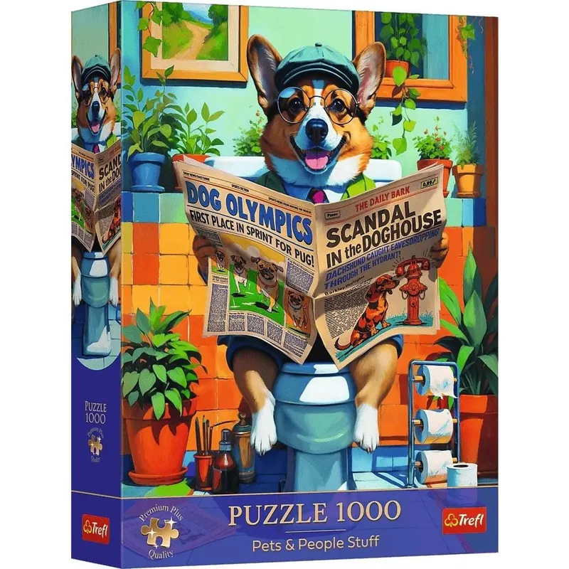 PUZZLE TREFL 1000 PREMIUM PLUS ANIMALE DE COMPANIE SI OAMENI CORGI LA TOALETA