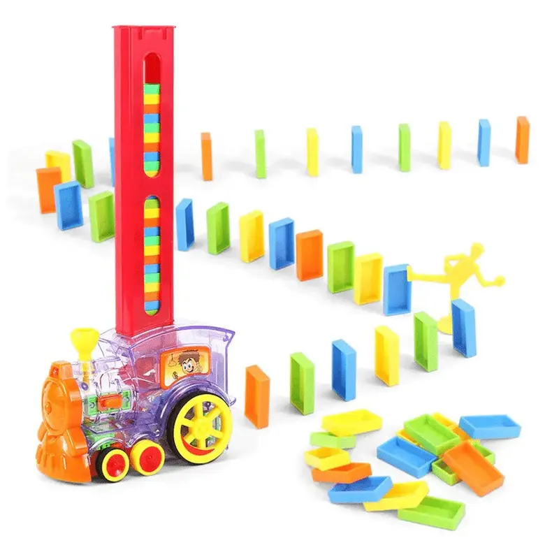 Set Trenulet Electric cu 50 de Piese Domino pentru Stivuire, cu Lumini Si Sunete Interactive, + 3 Ani, 16x7x33 Cm