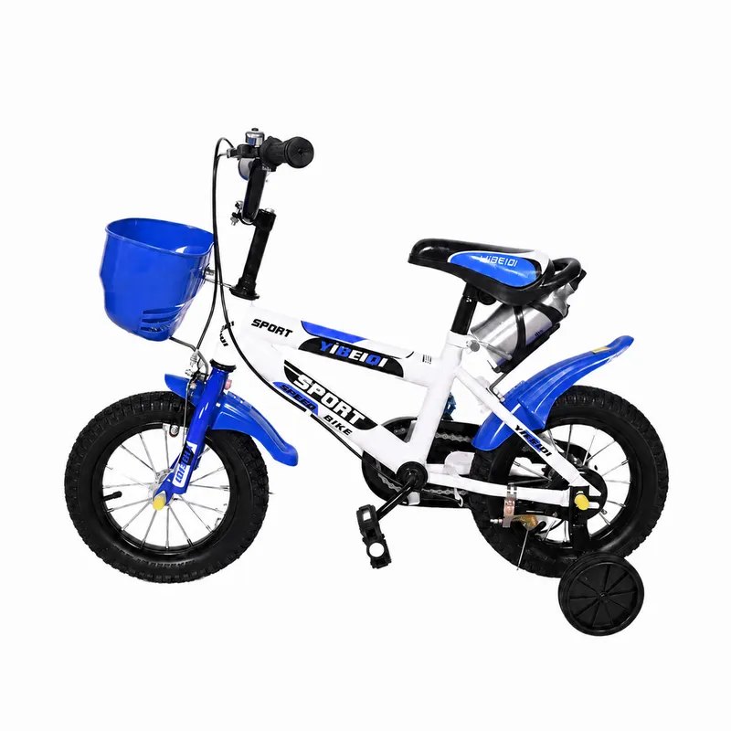 Bicicletă copii 12 inch Speed LUDIRO, alb-albastru, cu roți ajutătoare, coș și bidon, 2-5 ani
