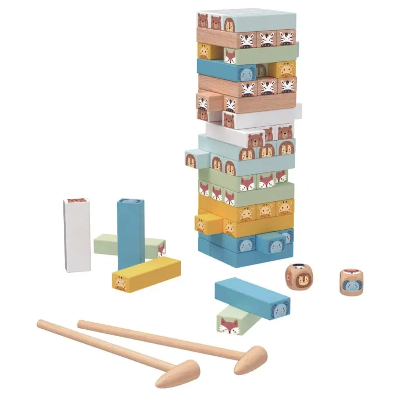 Joc de indemanare Jenga Tooky Toy, din lemn cu animale 82 piese KID378471