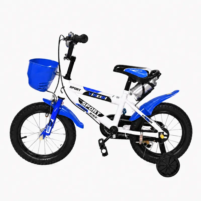 Bicicleta pentru copii Ludiro 14 inch pentru 3–6 Ani, alb albastru, cu roti ajutatoare, coș frontal și bidon