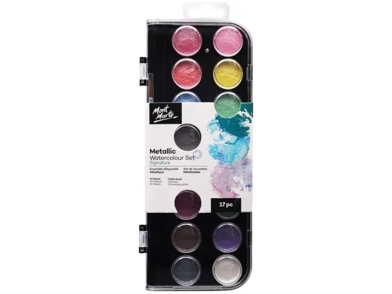 Acuarele metalizate Mont Marte pentru pictura, 17 culori paleta, cu pensula