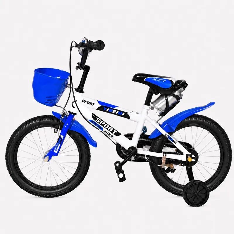 Bicicleta pentru copii 16 inch pentru 4–8 ani, alb albastru, cu roti ajutatoare, cos si bidon pentru apa