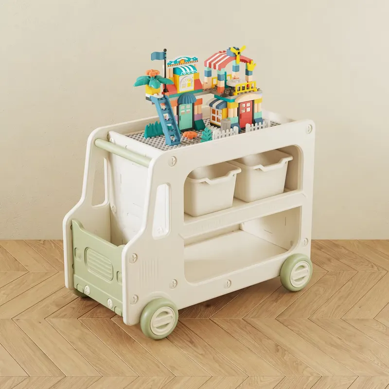 Organizator de jucarii tip autobuz, multifunctional, placa suport pentru piese lego, accesorii incluse, verde