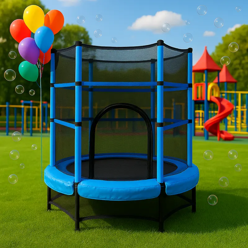 Resigilat - Trambulina pentru Copii LUDIRO, Diametru 140 Cm, Inaltime 160 Cm, Cu Plasa de Siguranta, Suporta 100 kg, Interior sau Exterior, Pentru Dezvoltarea Echilibrului, Albastra, + 3 Ani
