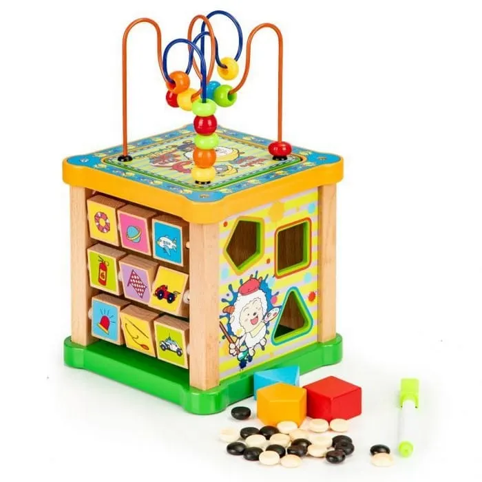 Centru activitati Ecotoys HM015473, lemn, cuburi, tabla desen, multicolor KID970124