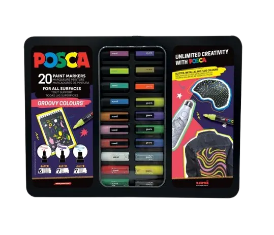 Set 20 Markere POSCA Groovy Colours , Editie Limitata cu 3 Varfuri E i Cutie Metalica
