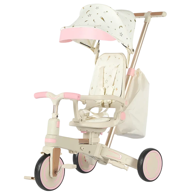 Tricicleta multifunctionala Baby 4-in-1, pentru copii de la 1 la 3 ani, pliabila si reglabila, roti moi, centura de siguranta, maner detasabil, roz