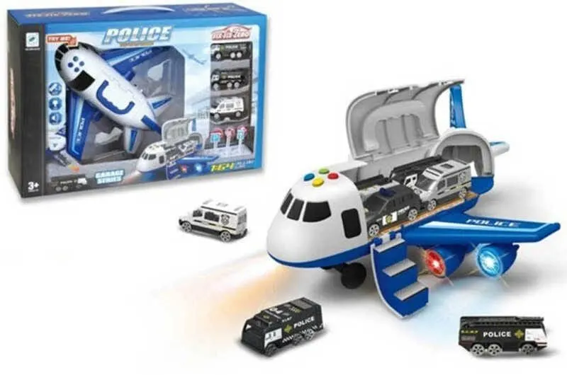 Set Avion Multifunctional, 3 Masinute Metalice, Lumini si Sunete Interactive, Functie Vapori, Semne de Circulatie, Alb Albastru, 35x32x17 Cm, + 3 Ani