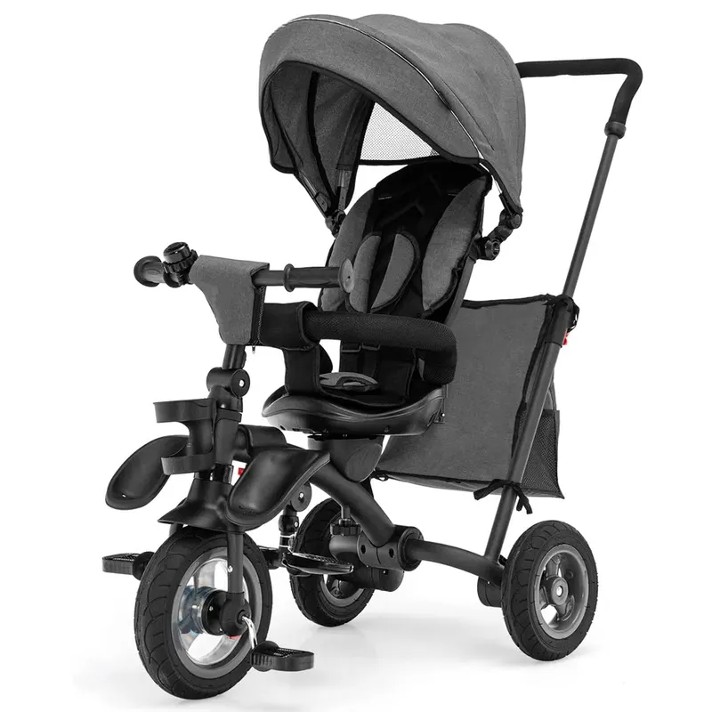 Baby, carucior, tricicleta multifunctionala pentru copii intre 1 si 5 ani, pliabila si reglabila, roti moi, gri