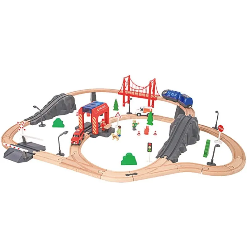 Trenulet din lemn Tooky Toy, statie de pompieri/ambulanta, multicolor, 70 piese KID373322 — imaginea 2