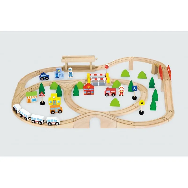 Set trenulet Viga, lemn, 90 piese, multicolor KID509989 — imaginea 3