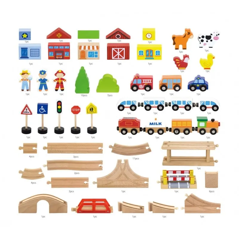 Set trenulet Viga, lemn, 90 piese, multicolor KID509989 — imaginea 4