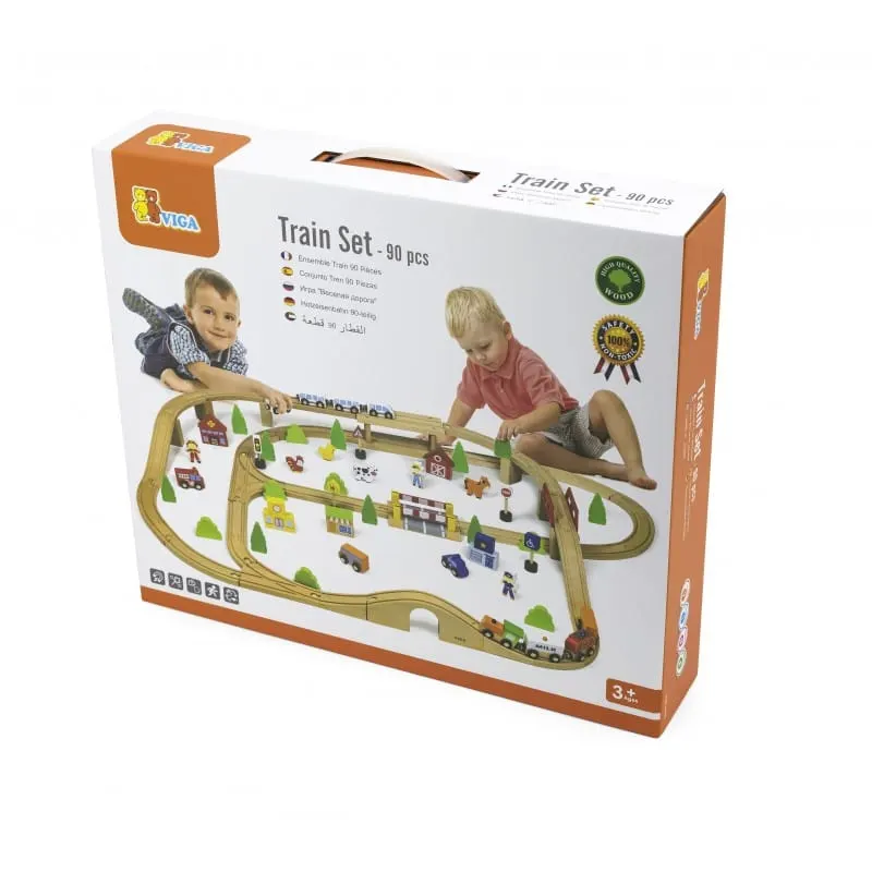 Set trenulet Viga, lemn, 90 piese, multicolor KID509989 — imaginea 5
