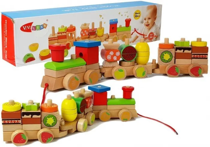 Jucarie Multifunctionala din Lemn Trenulet 30 Bucati - Fructe 42cm