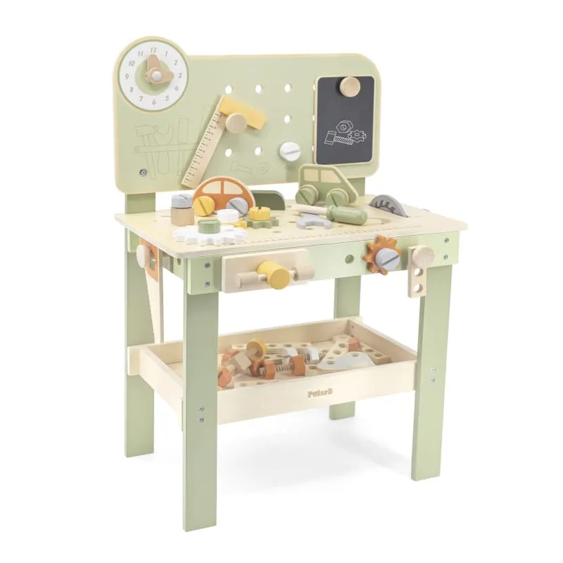 Banc de lucru copii PolarB Viga, lemn, unelte si accesorii, verde KID440656