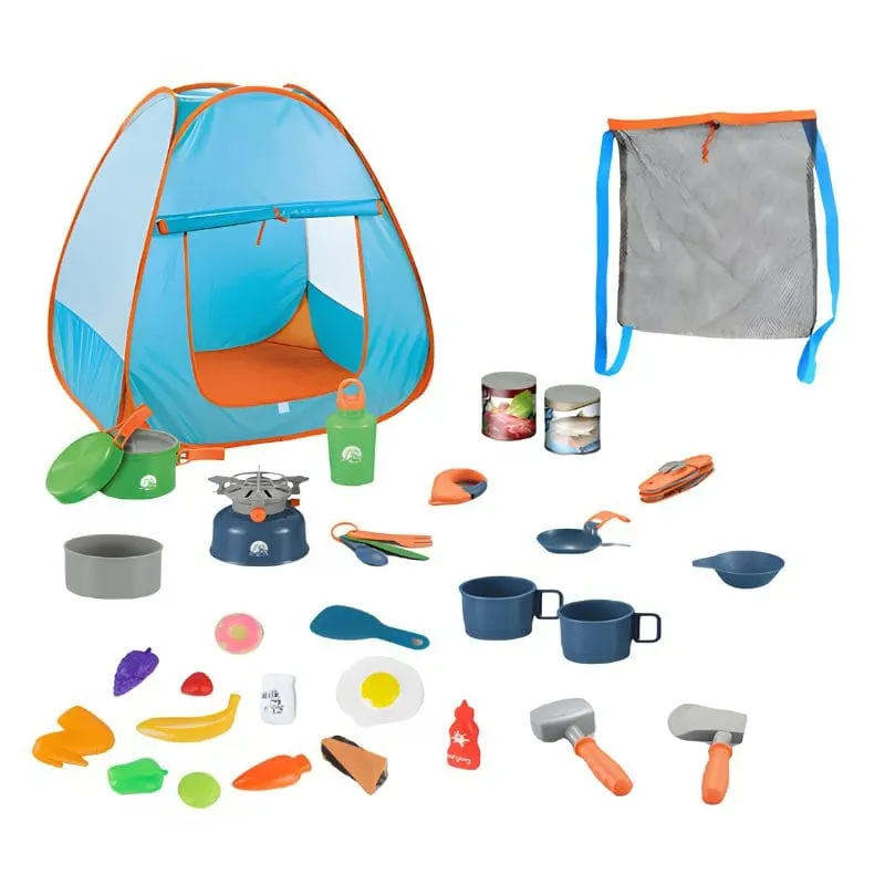 Set Cort si 28 Accesorii de Camping pentru Joaca in Aer Liber, Geanta de Transport, Interior si Exterior, 72x87.5x72 Cm, Multicolor, + 3 Ani