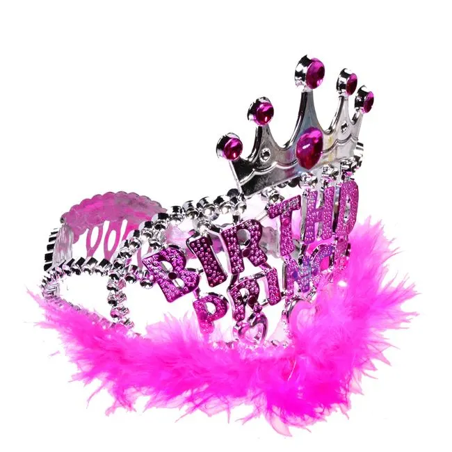 Coronita pentru fetite cu pene, Fucsia, cu mesajul Birthday Prince