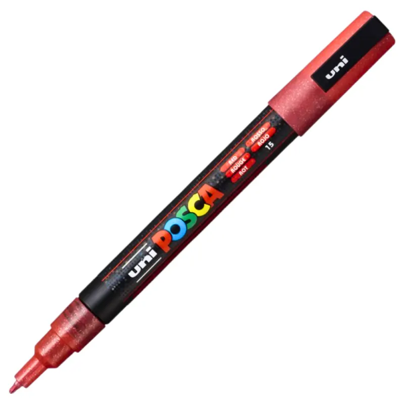 Marker PC-3M Posca cu vopsea pe baza de apa,varf fin, 0.9-1.3 mm,rosu cu sclipici