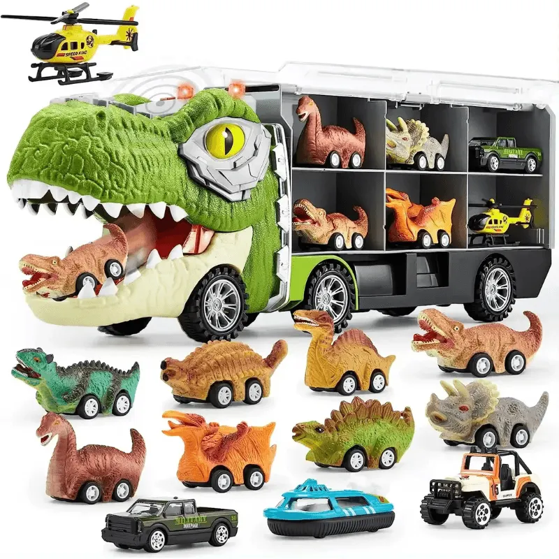 Camion Dinozaur Interactiv cu Lumini, Sunete si 6 Jucarii Pull-Back - Educatie