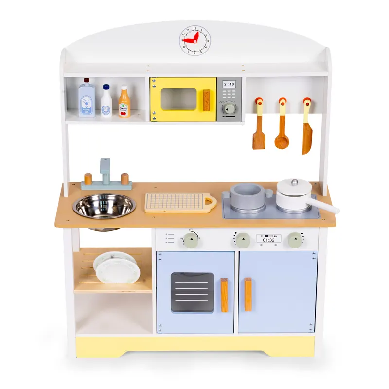 Bucatarie copii Ecotoys, lemn, cuptor microunde, masina de spalat, 12 accesorii, multicolor KID007349 — imaginea 2