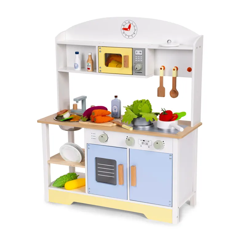 Bucatarie copii Ecotoys, lemn, cuptor microunde, masina de spalat, 12 accesorii, multicolor KID007349 — imaginea 5
