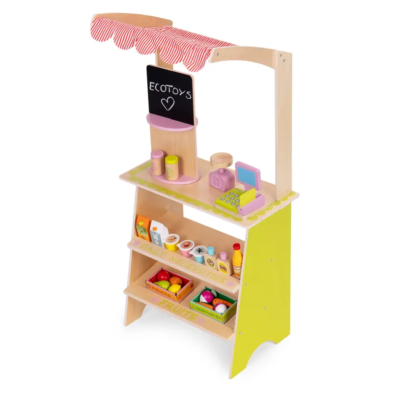 Magazin copii Ecotoys, lemn, casa de marcat, cantar, 20 accesorii, multicolor KID007240 — imaginea 4
