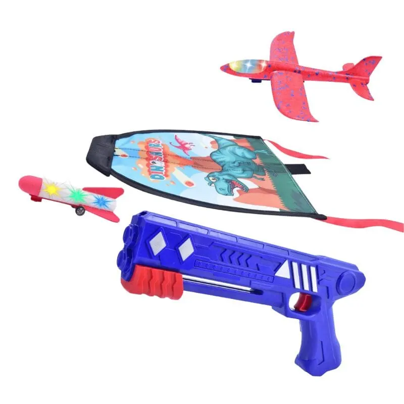 Set Educativ de Joacă în Aer Liber 3 în 1 – Zmeu, Avion, Proiectile din Spumă cu LED, 3 ani+