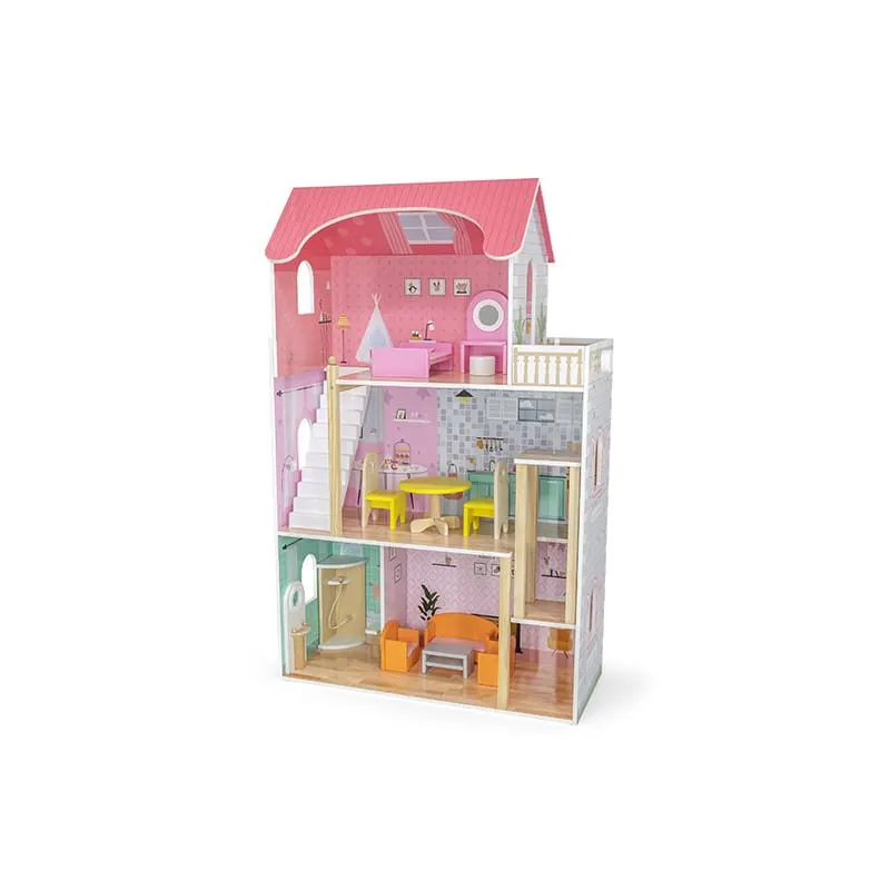 Casuta de papusi Viga Toys, Big Fancy, lemn, mobilier, 3 etaje, multicolor KID445705