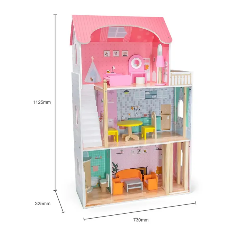 Casuta de papusi Viga Toys, Big Fancy, lemn, mobilier, 3 etaje, multicolor KID445705 — imaginea 2