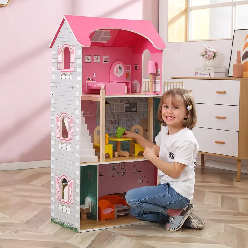 Casuta de papusi Viga Toys, Big Fancy, lemn, mobilier, 3 etaje, multicolor KID445705 — imaginea 3