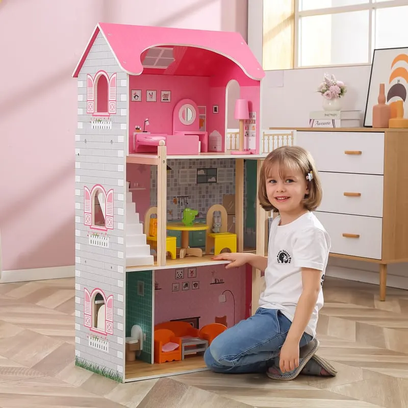 Casuta de papusi Viga Toys, Big Fancy, lemn, mobilier, 3 etaje, multicolor KID445705 — imaginea 4