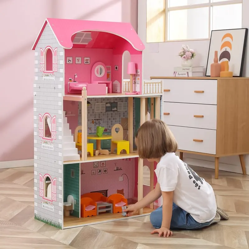 Casuta de papusi Viga Toys, Big Fancy, lemn, mobilier, 3 etaje, multicolor KID445705 — imaginea 5