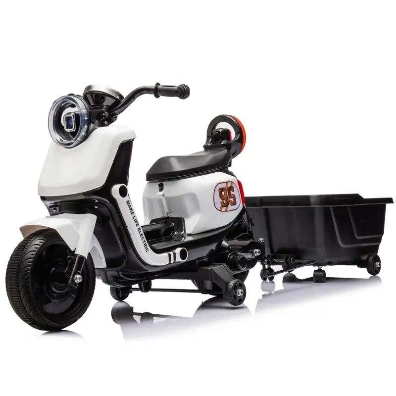 Scuter electric pentru copii, Scooty, remorca inclusa, telecomanda control parental, 70W, 6V 7Ah, alb