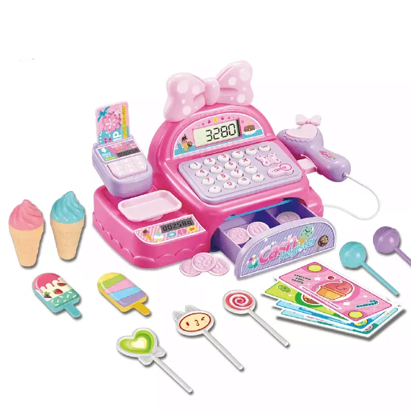 Casa de Marcat cu Sertar, Sunete si Lumini Led, Calculator Functional, Simulator Cantar, Scanner, Plata cu Cardul, 20 Accesorii, Roz, 28x13x15 Cm, + 3 Ani